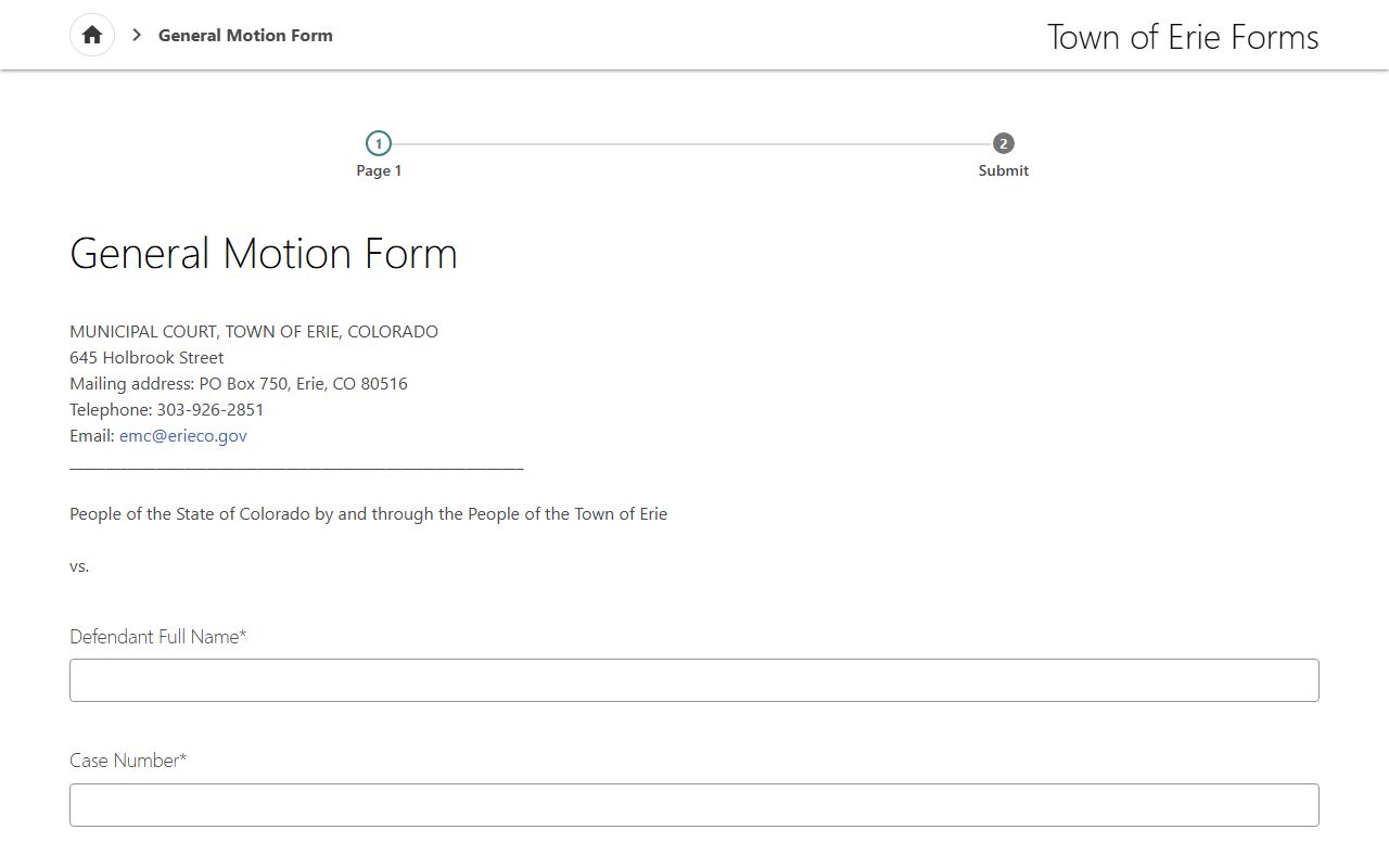 Erie motion request form for municipal court proceedings