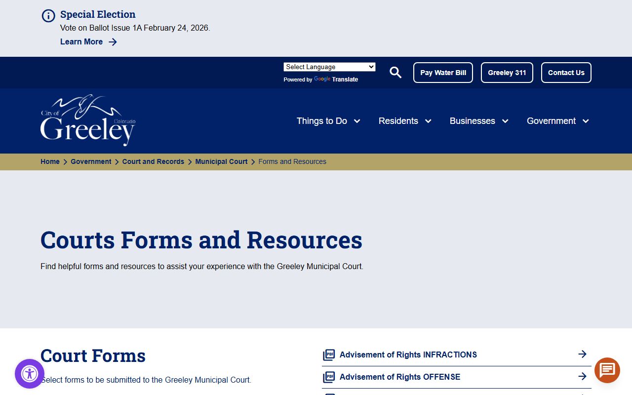 Greeley court forms and resources page