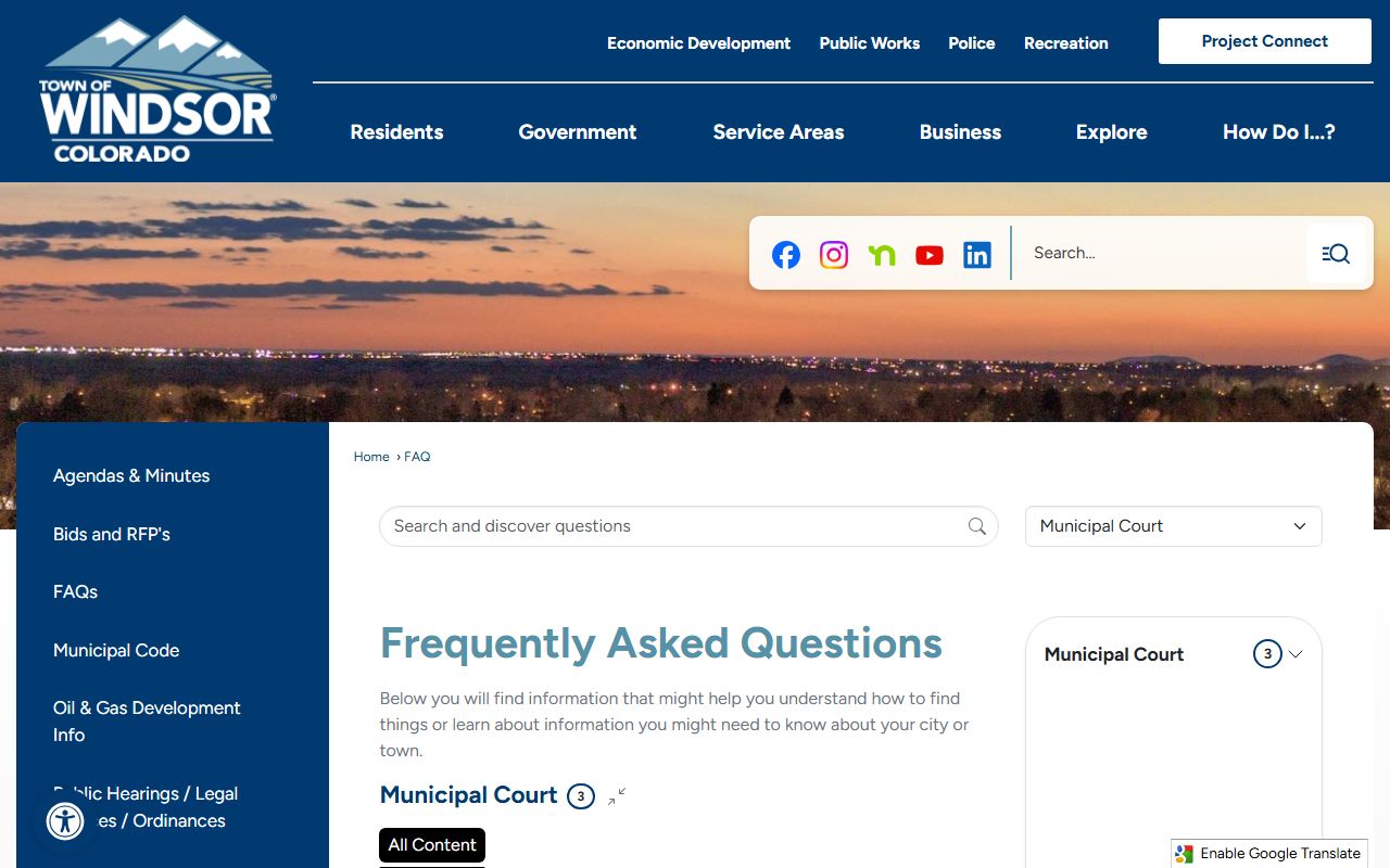 Windsor Municipal Court FAQ page with common questions answered