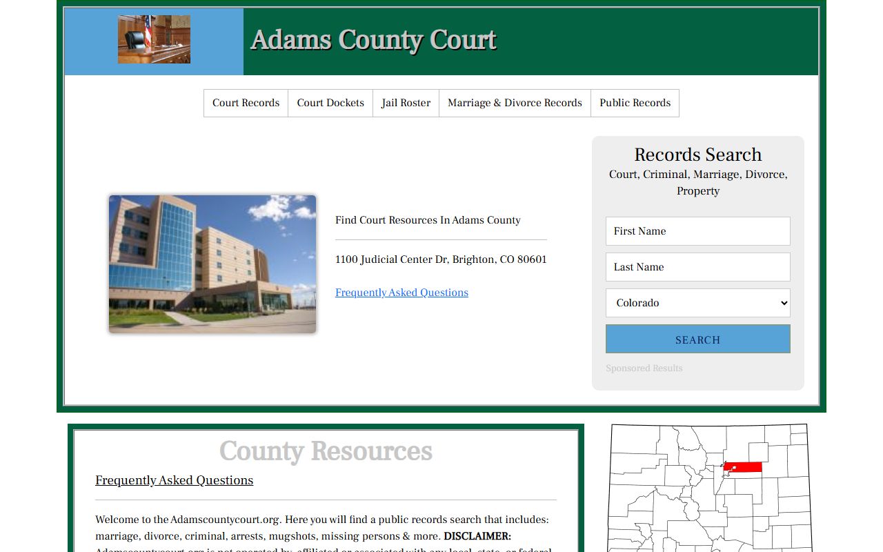 Adams County Court website homepage for accessing records