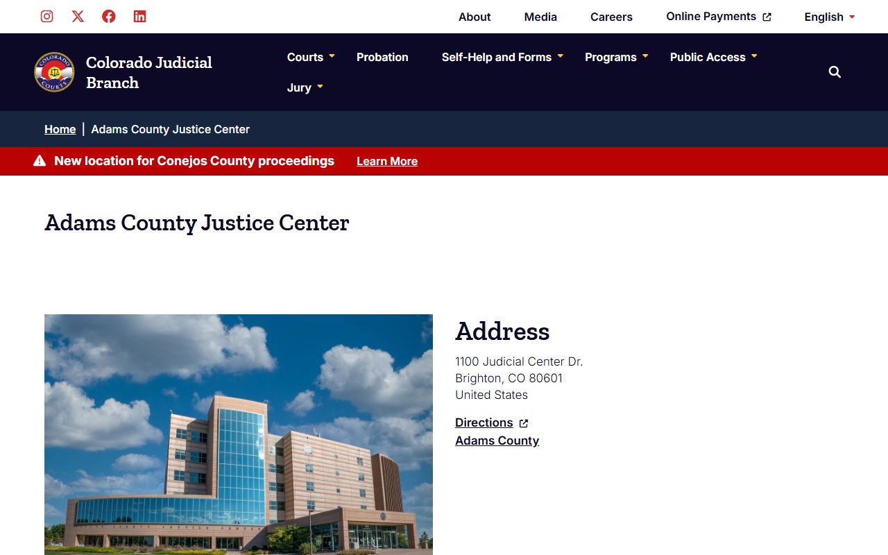 Adams County Justice Center building in Brighton Colorado