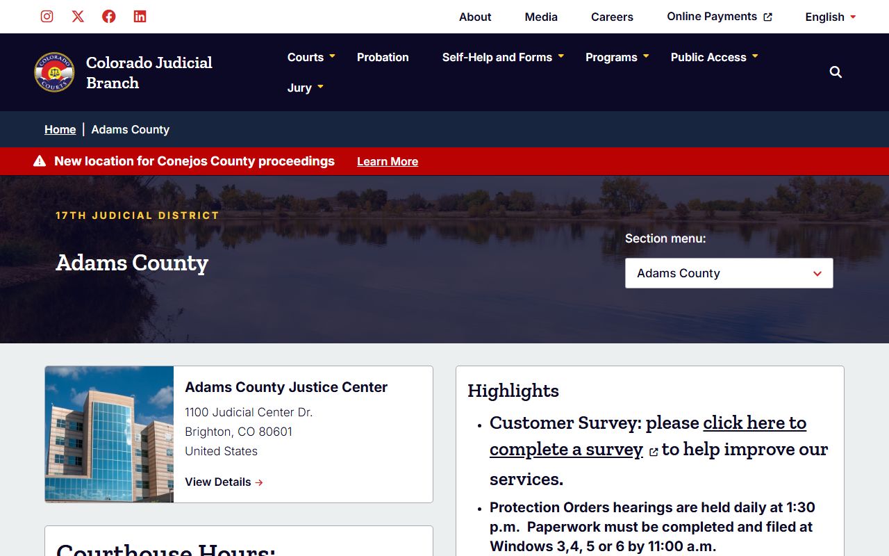Adams County Trial Court information page on Colorado Judicial Branch website