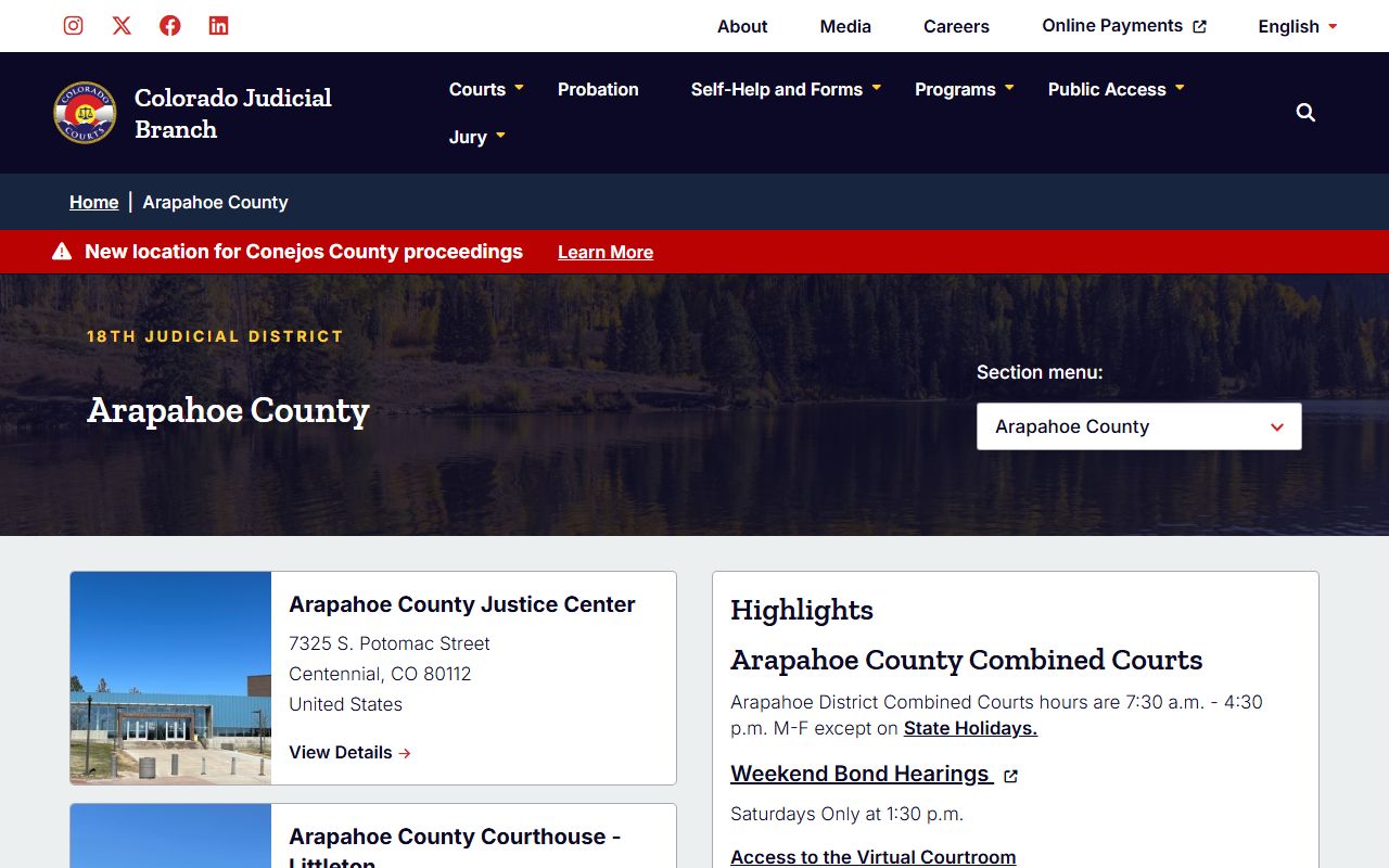 Arapahoe County Trial Court information page