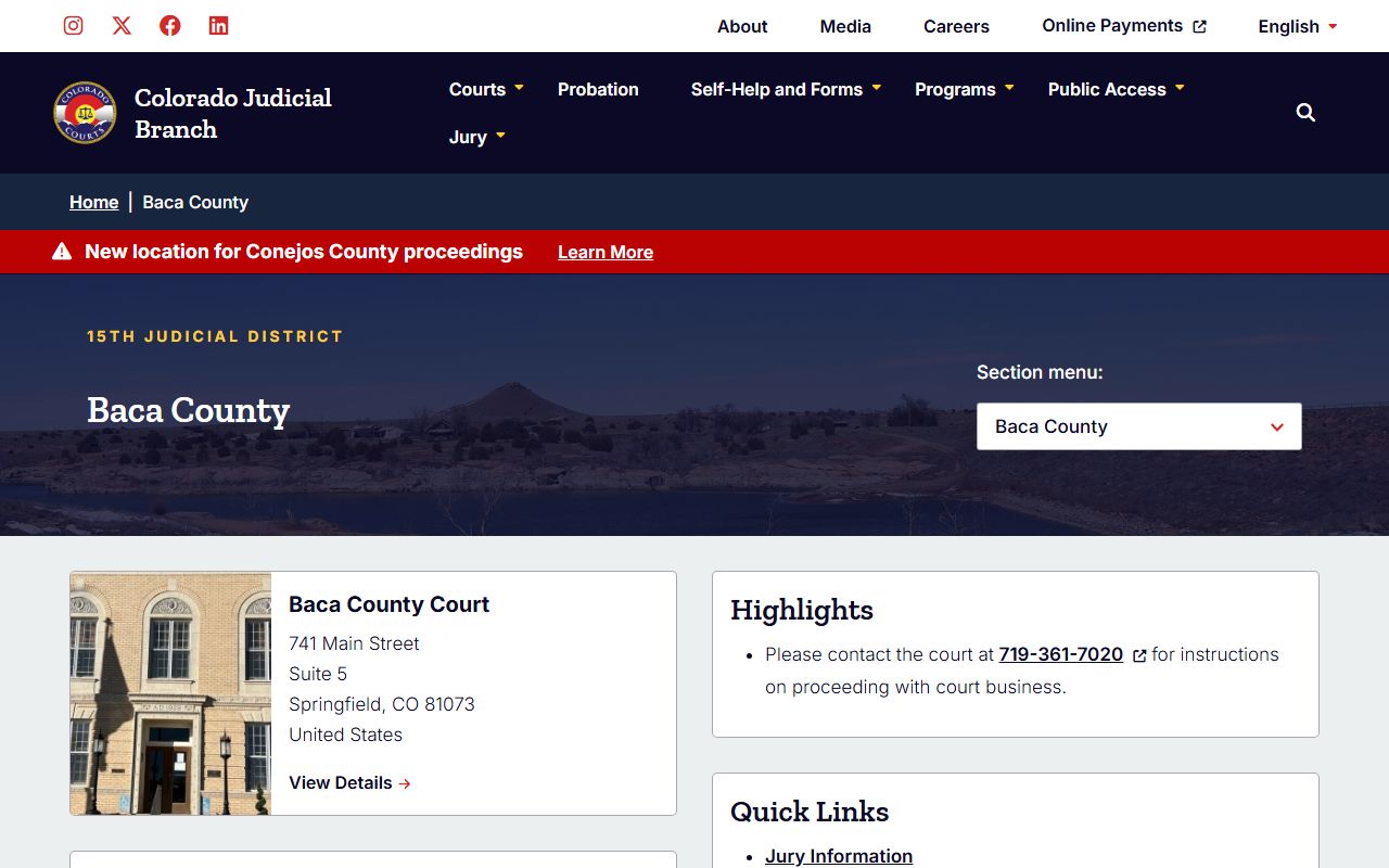 Baca County Trial Court information on Colorado Judicial Branch website
