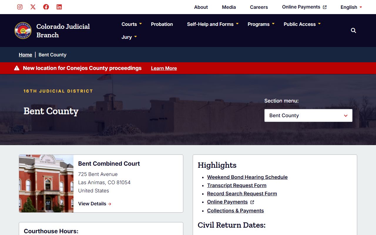 Bent County Trial Court information on Colorado Judicial Branch website