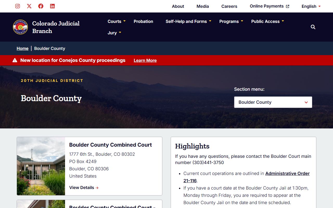 Boulder County Trial Court information on Colorado Judicial Branch website