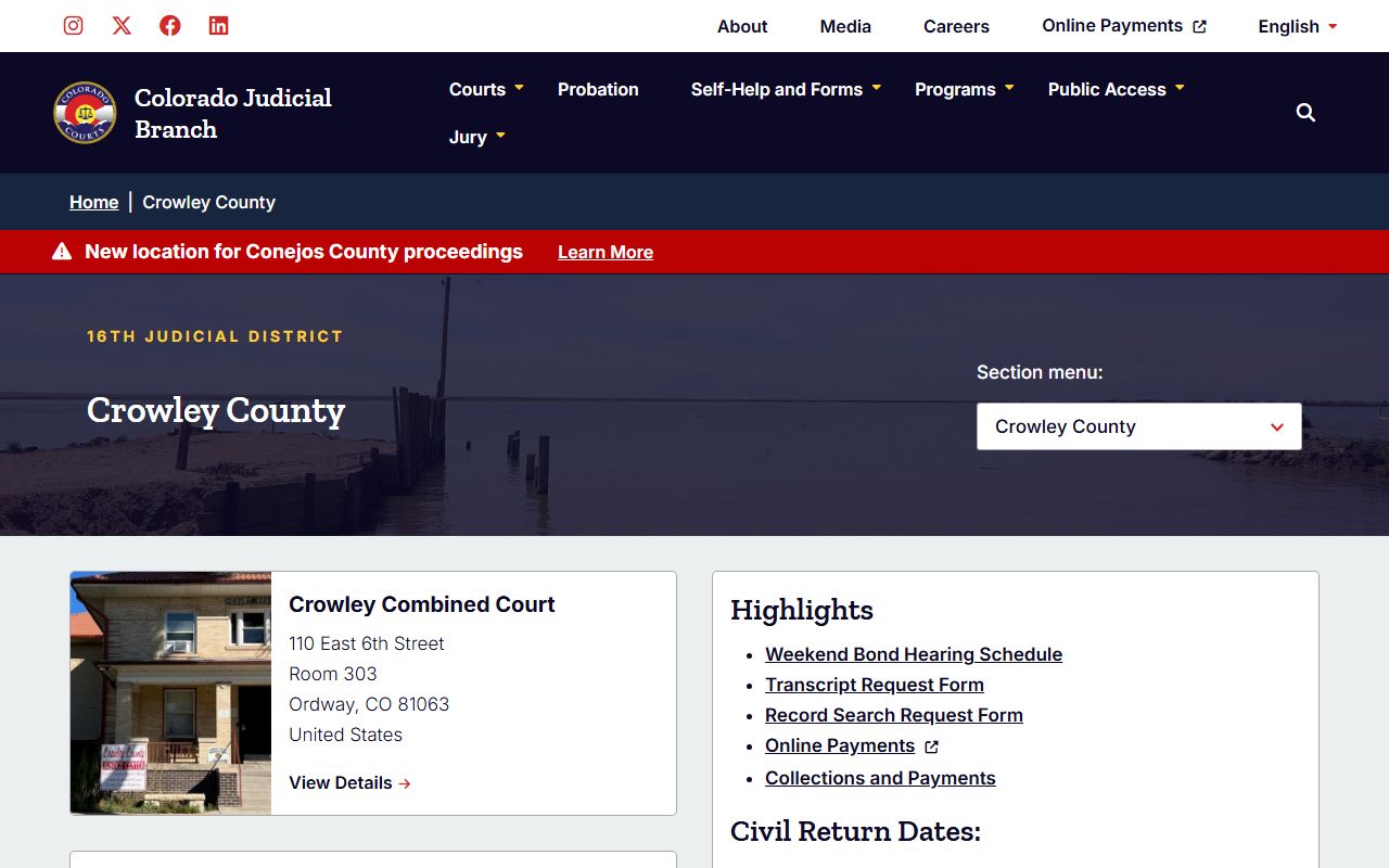 Crowley County Trial Court in Ordway Colorado for probate records