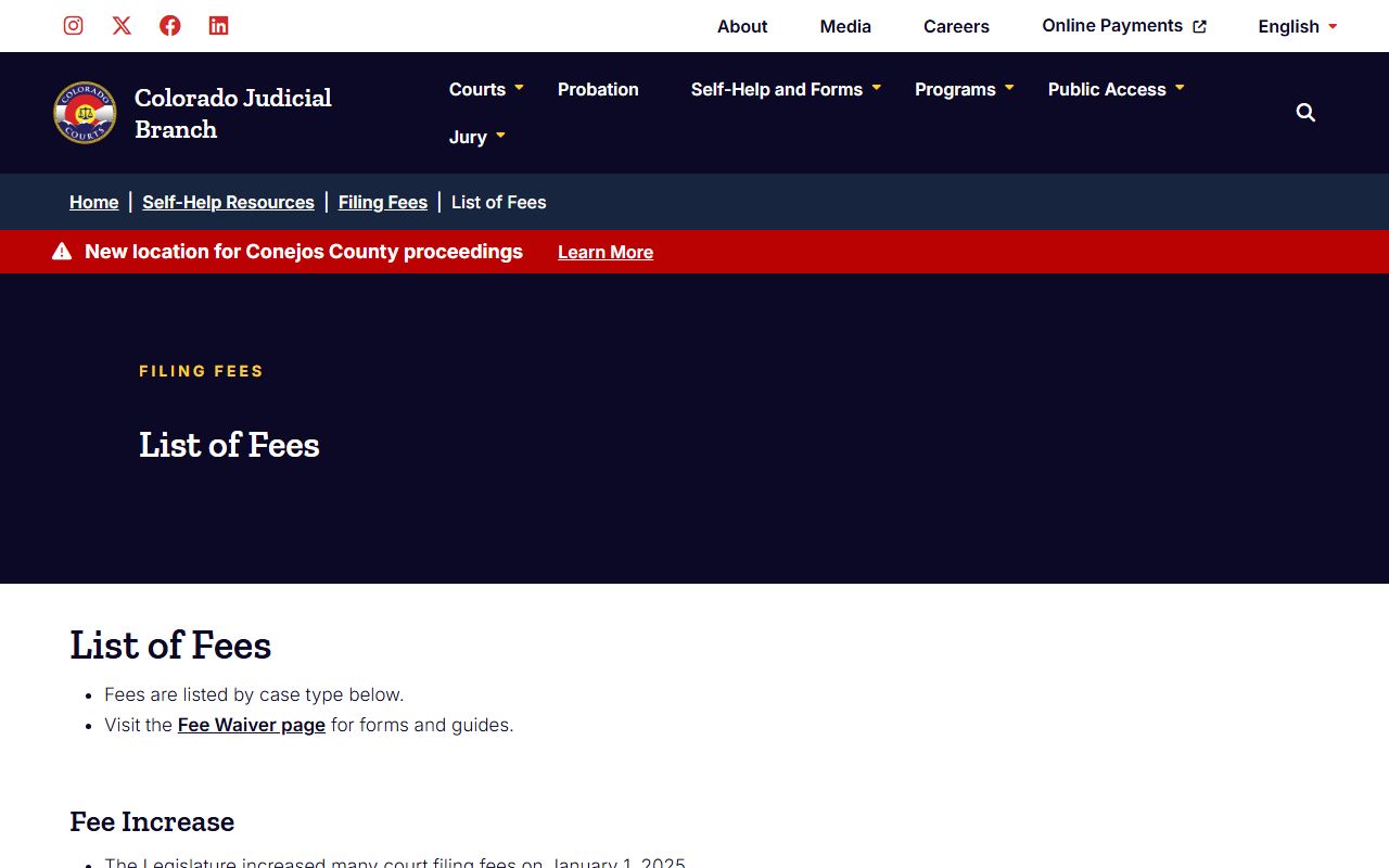 Colorado Judicial Branch court fees list for probate filings