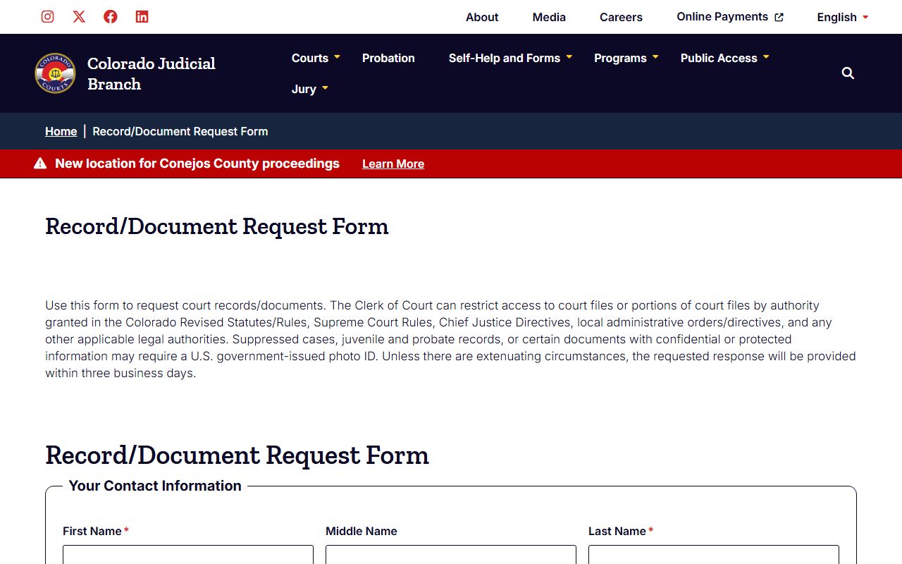 Colorado Judicial Branch online records request form