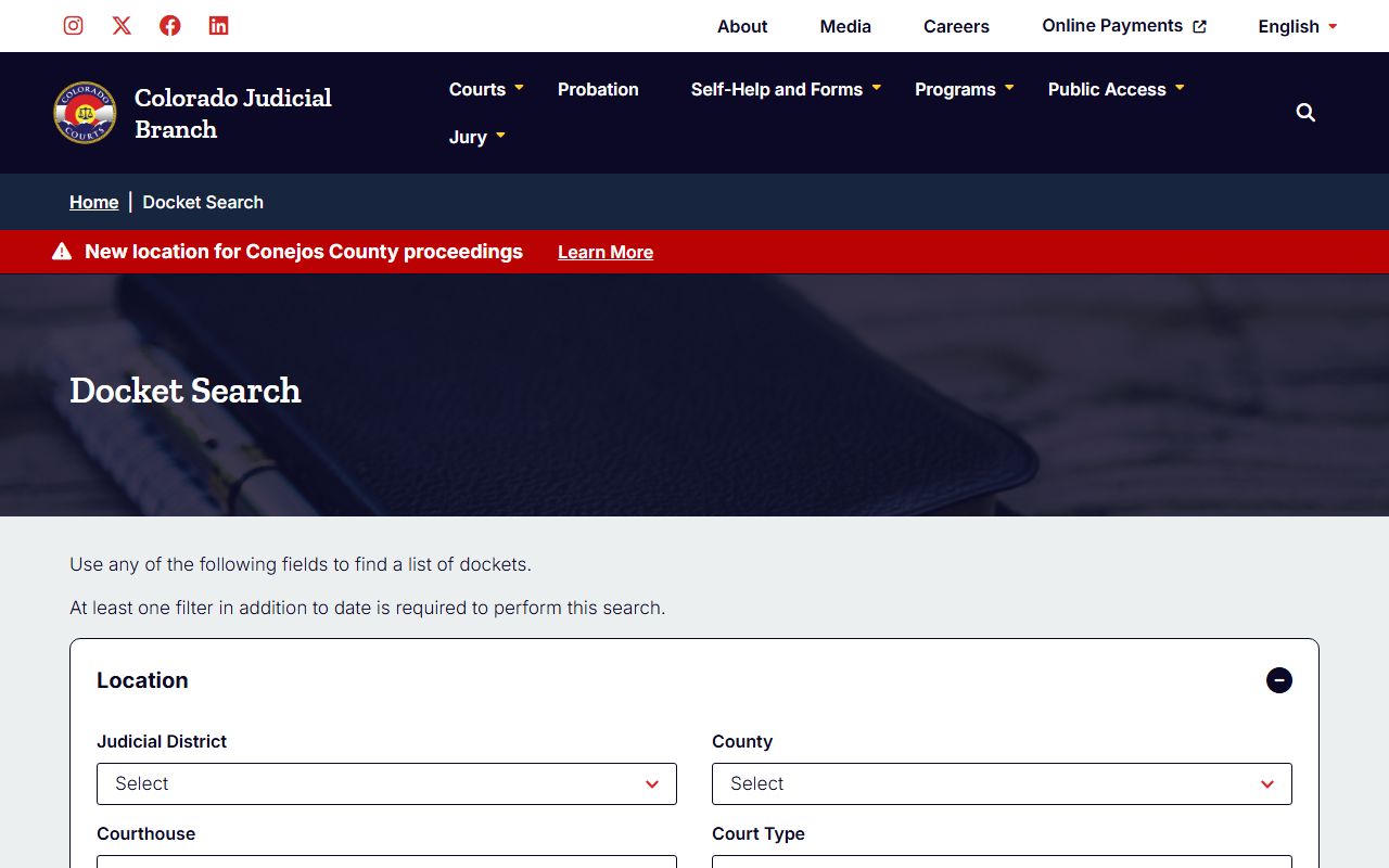Colorado Judicial Branch statewide docket search tool for finding court cases